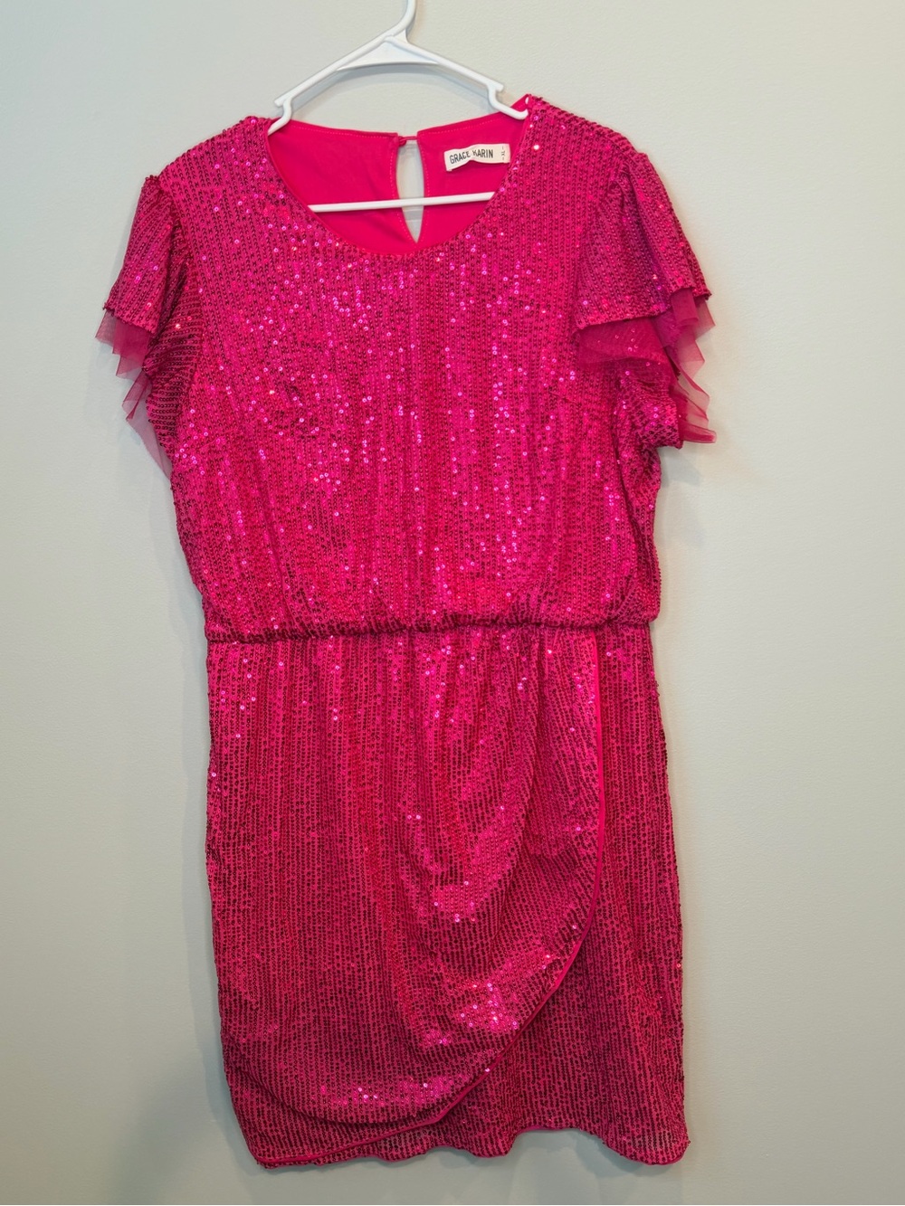 GRACE KARIN Sparkly Hot Pink Sequin Ruffle Sleeve Faux Wrap Mini Dress - Size XL